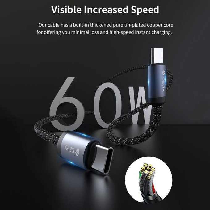 Cablu USB-C / USB-C Gracious, PD 60W, 2m, negru, Devia