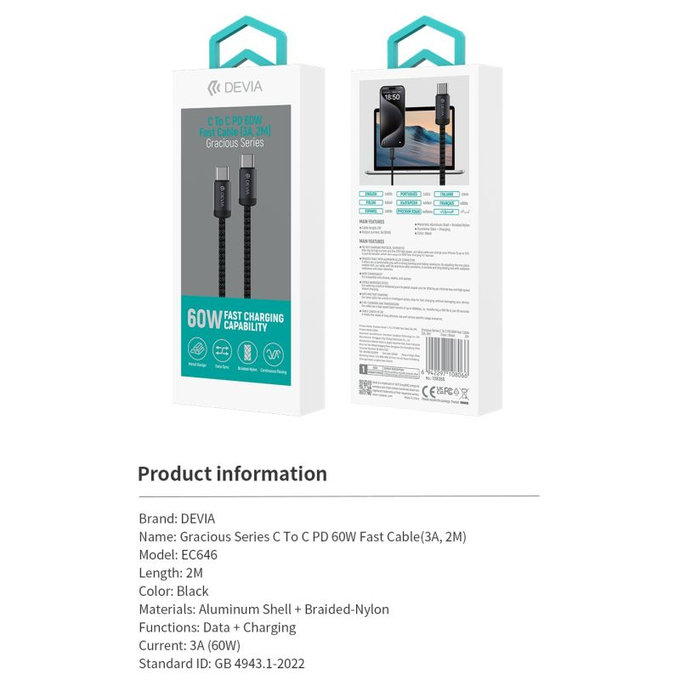 Cablu USB-C / USB-C Gracious, PD 60W, 2m, negru, Devia