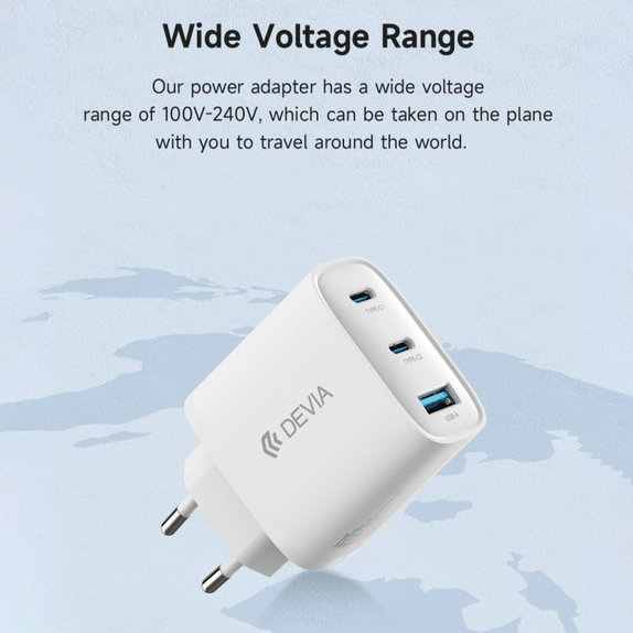 Adaptor de încărcare Extreme Speed, 2x USB-C + USB-A, PD 65W, alb, Devia