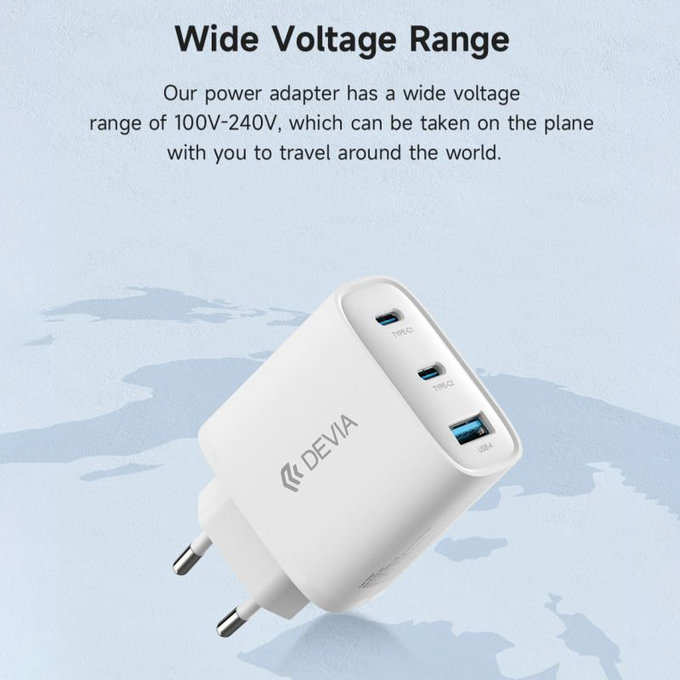 Adaptor de încărcare Extreme Speed, 2x USB-C + USB-A, PD 65W, alb, Devia