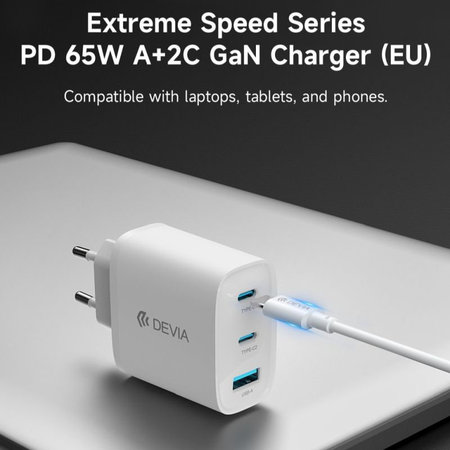 Adaptor de încărcare Extreme Speed, 2x USB-C + USB-A, PD 65W, alb, Devia