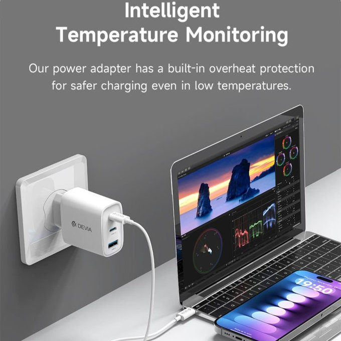 Adaptor de încărcare Extreme Speed, 2x USB-C + USB-A, PD 65W, alb, Devia