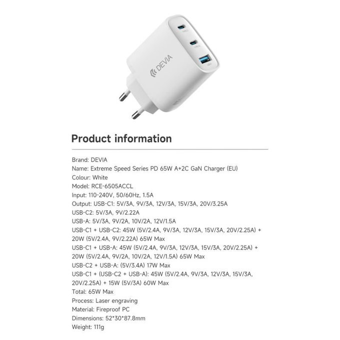 Adaptor de încărcare Extreme Speed, 2x USB-C + USB-A, PD 65W, alb, Devia