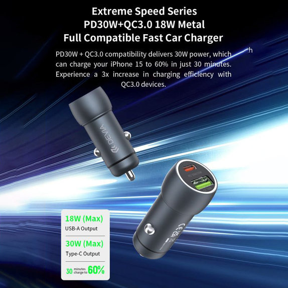 Încărcător auto Extreme Speed USB-C + USB-A, PD 30W, QC 3.0 18W, gri, Devia