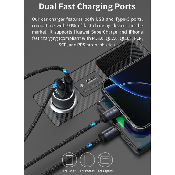 Încărcător auto Extreme Speed USB-C + USB-A, PD 30W, QC 3.0 18W, gri, Devia