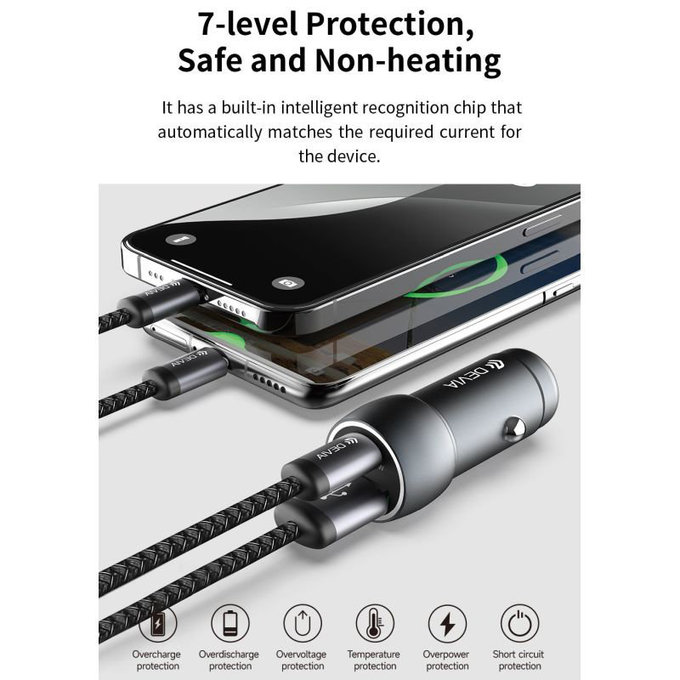 Încărcător auto Extreme Speed USB-C + USB-A, PD 30W, QC 3.0 18W, gri, Devia