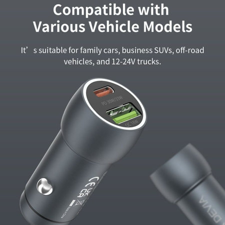 Încărcător auto Extreme Speed USB-C + USB-A, PD 30W, QC 3.0 18W, gri, Devia