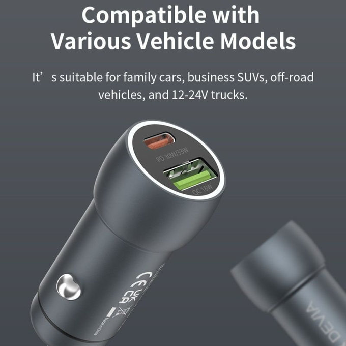 Încărcător auto Extreme Speed USB-C + USB-A, PD 30W, QC 3.0 18W, gri, Devia