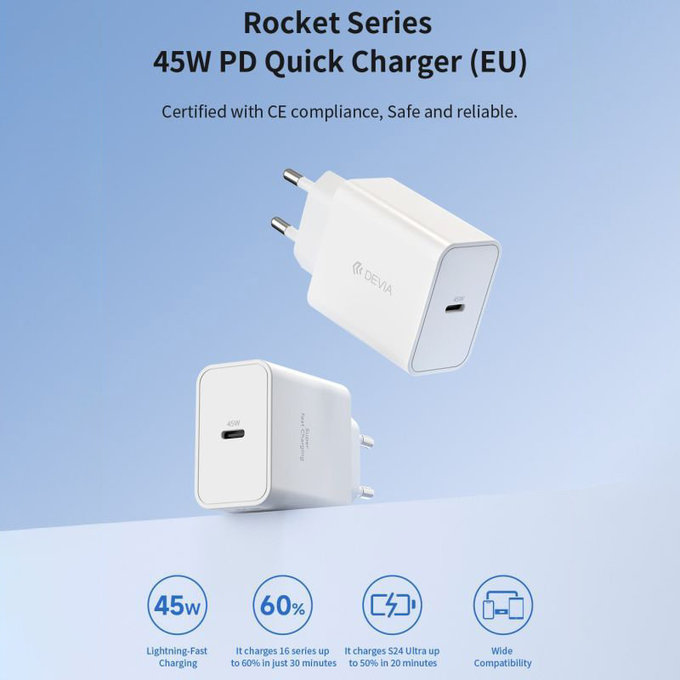 Adaptor de încărcare Rocket USB-C, PD 45W, alb, Devia
