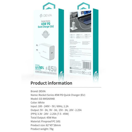 Adaptor de încărcare Rocket USB-C, PD 45W, alb, Devia