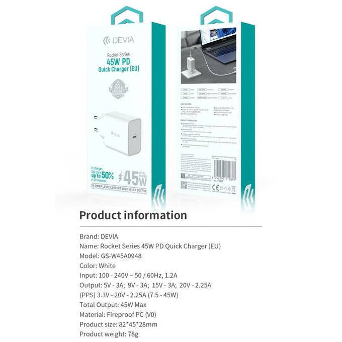 Adaptor de încărcare Rocket USB-C, PD 45W, alb, Devia