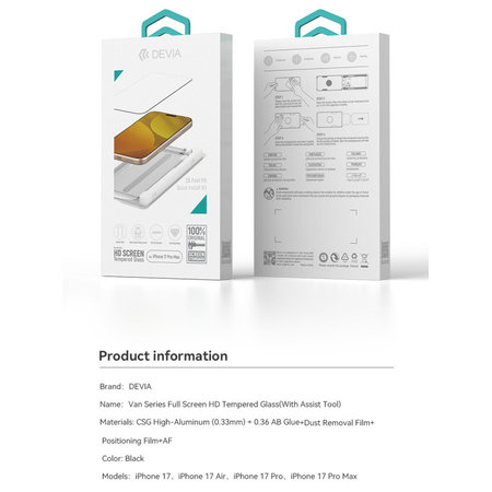 Sticlă securizată FullCover cu aplicator pentru iPhone 17 Pro, Devia