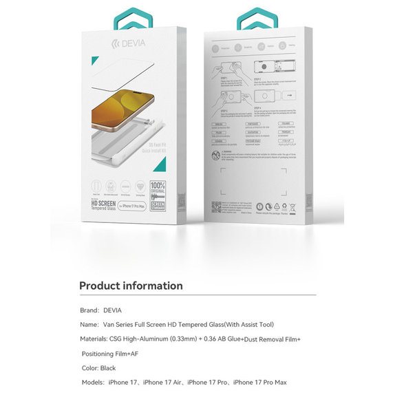 Sticlă securizată FullCover cu aplicator pentru iPhone 17 Pro Max, Devia