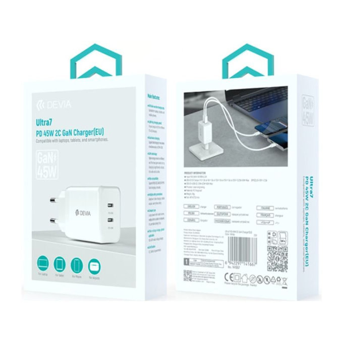 Adaptor de încărcare Ultra7, 2x USB-C, PD 45W, alb, Devia