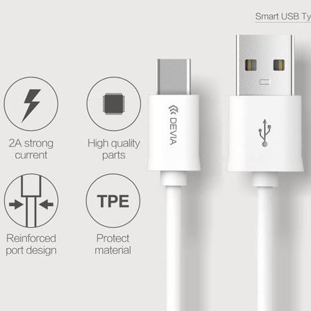 Cablu USB / USB-C Smart, 2.1A, 1m, alb, Devia