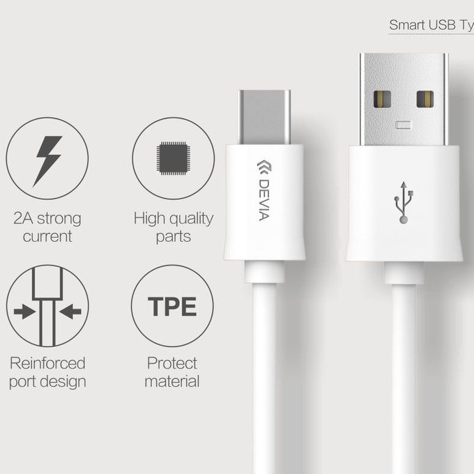 Cablu USB / USB-C Smart, 2.1A, 1m, alb, Devia