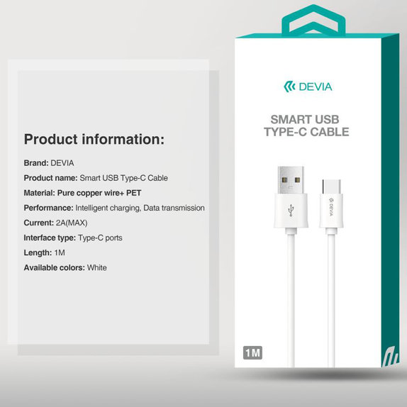 Cablu USB / USB-C Smart, 2.1A, 1m, alb, Devia
