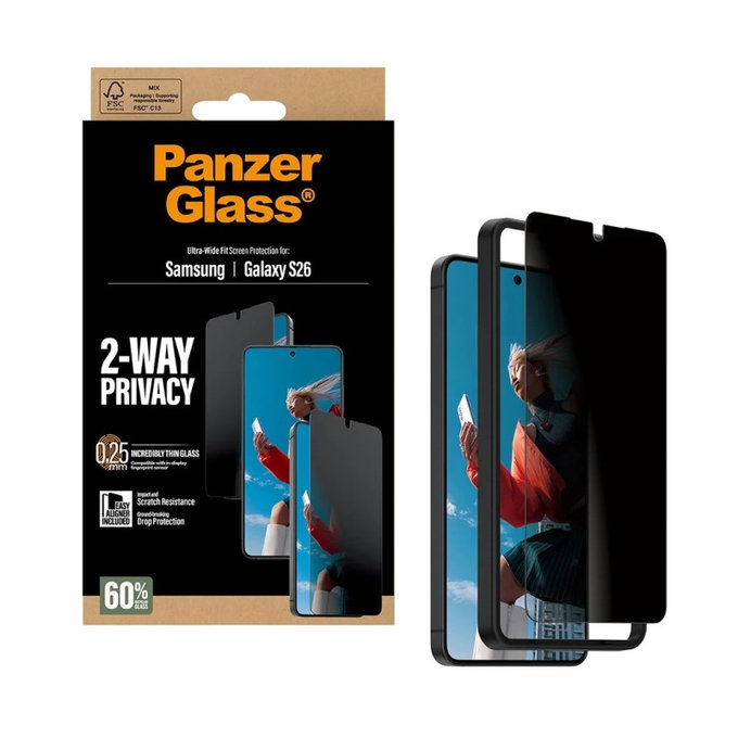 PanzerGlass - Sticlă securizată UWF 2-Way Privacy cu aplicator pentru Samsung Galaxy S26, transparentă