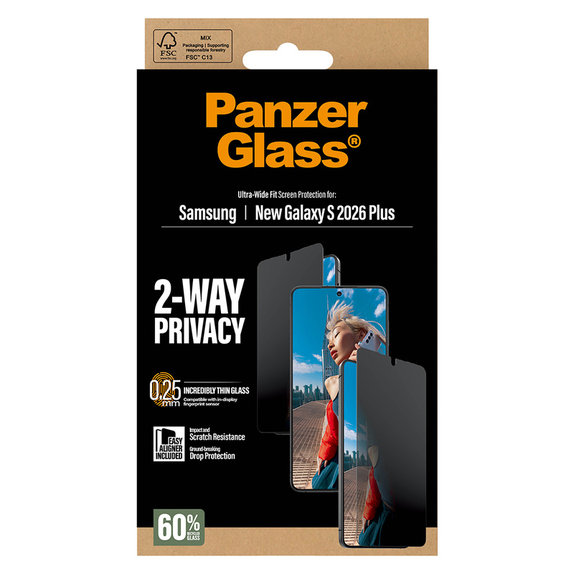 Sticlă securizată UWF 2-Way Privacy cu aplicator pentru Samsung Galaxy S26+, Transparent, PanzerGlass