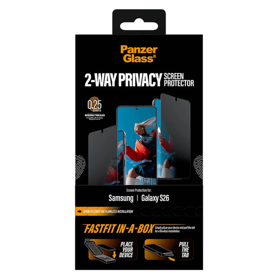 Sticlă securizată UWF 2-Way Privacy cu FASTFIT In-A-Box pentru Samsung Galaxy S26, Transparent, PanzerGlass
