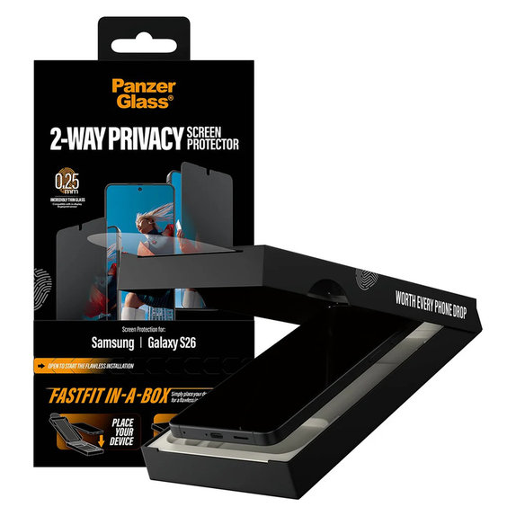 Sticlă securizată UWF 2-Way Privacy cu FASTFIT In-A-Box pentru Samsung Galaxy S26, Transparent, PanzerGlass
