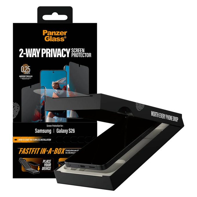 Sticlă securizată UWF 2-Way Privacy cu FASTFIT In-A-Box pentru Samsung Galaxy S26, Transparent, PanzerGlass