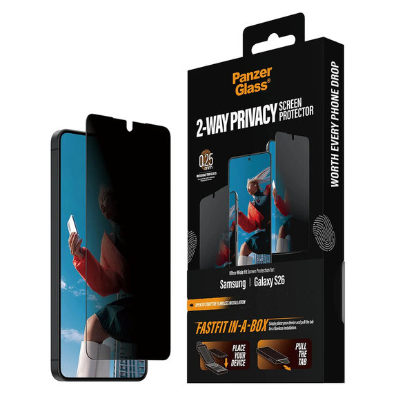 Sticlă securizată UWF 2-Way Privacy cu FASTFIT In-A-Box pentru Samsung Galaxy S26, Transparent, PanzerGlass