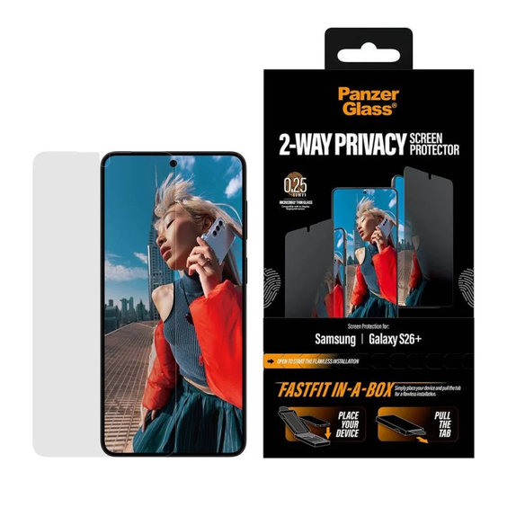 PanzerGlass - Sticlă securizată UWF 2-Way Privacy cu FASTFIT In-A-Box pentru Samsung Galaxy S26+, transparentă
