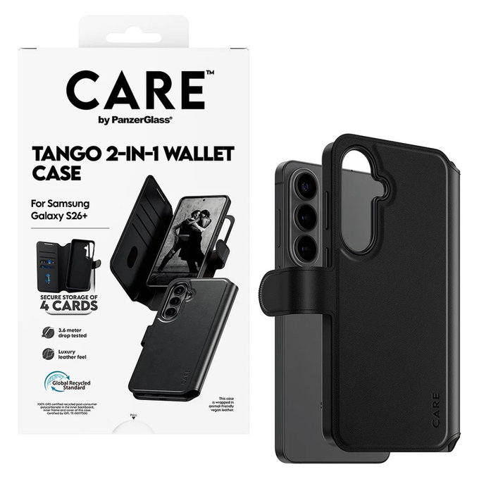 Caz Tango Wallet Two-In-One cu QI pentru Samsung Galaxy S26+, Negru, PanzerGlass