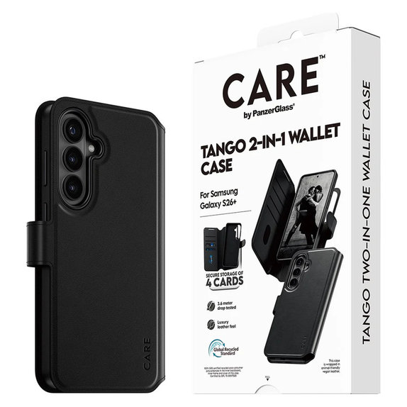 Caz Tango Wallet Two-In-One cu QI pentru Samsung Galaxy S26+, Negru, PanzerGlass