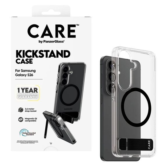 Caz Kickstand cu QI negru pentru Samsung Galaxy S26, Transparent, PanzerGlass