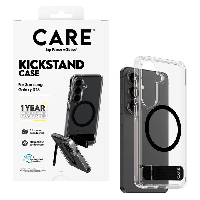 Caz Kickstand cu QI negru pentru Samsung Galaxy S26, Transparent, PanzerGlass