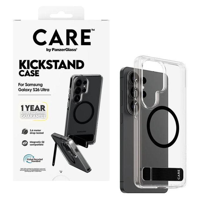 Caz Kickstand cu QI negru pentru Samsung Galaxy S26 Ultra, Transparent, PanzerGlass