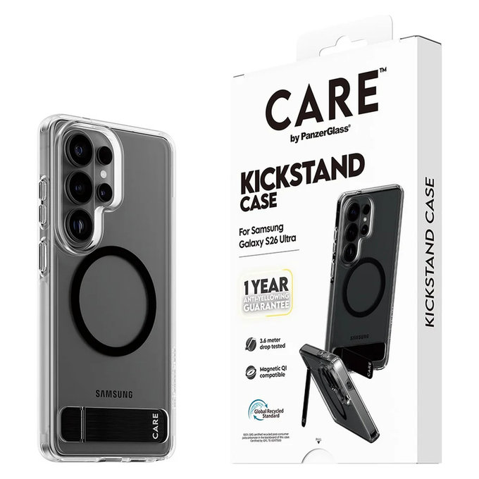 Caz Kickstand cu QI negru pentru Samsung Galaxy S26 Ultra, Transparent, PanzerGlass