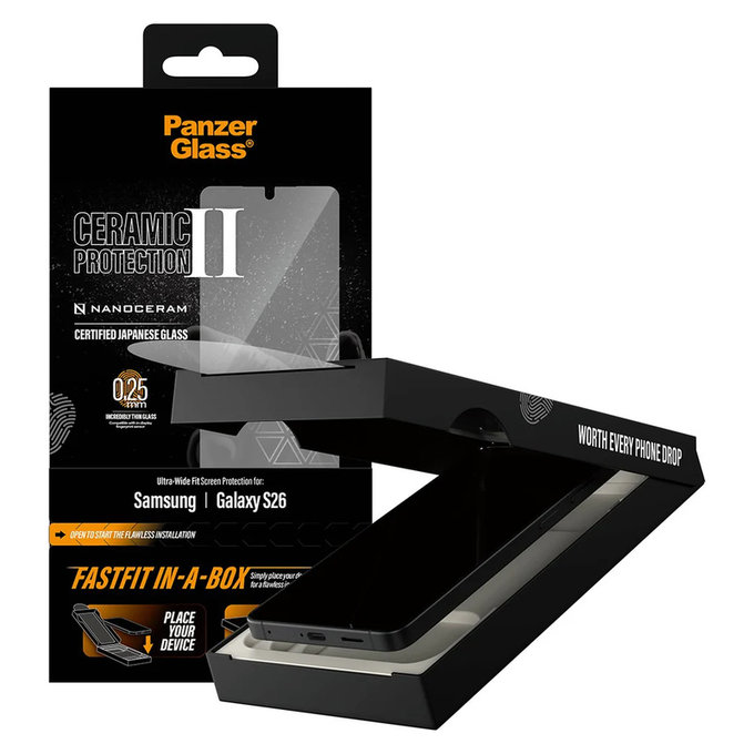 Sticlă securizată UWF Ceramic cu FASTFIT In-A-Box pentru Samsung Galaxy S26, Transparent, PanzerGlass