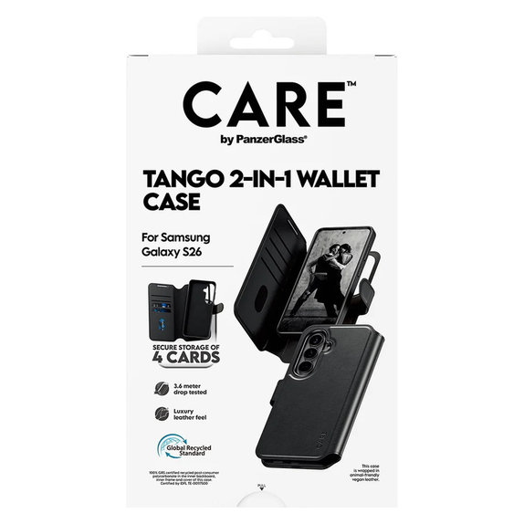 Caz Tango Wallet Two-In-One cu QI pentru Samsung Galaxy S26, Negru, PanzerGlass