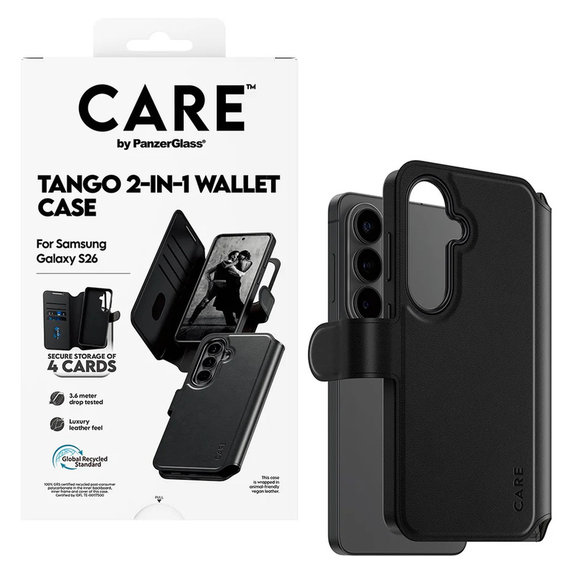 Caz Tango Wallet Two-In-One cu QI pentru Samsung Galaxy S26, Negru, PanzerGlass