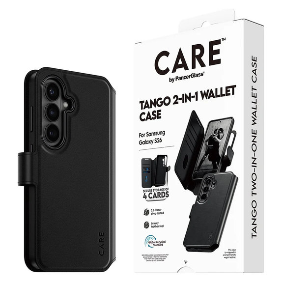Caz Tango Wallet Two-In-One cu QI pentru Samsung Galaxy S26, Negru, PanzerGlass