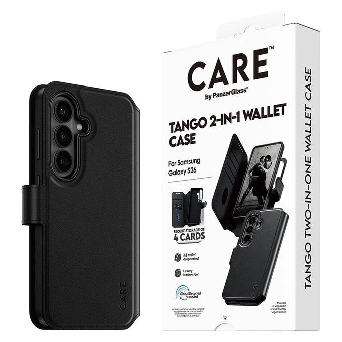 Caz Tango Wallet Two-In-One cu QI pentru Samsung Galaxy S26, Negru, PanzerGlass