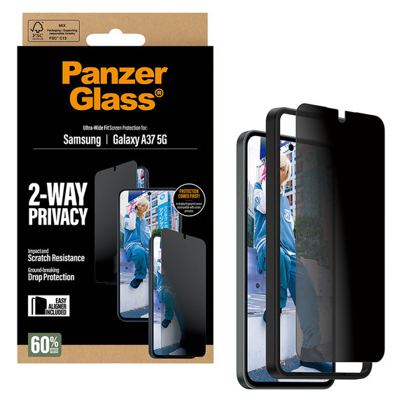 Sticlă securizată UWF Privacy cu aplicator pentru Samsung Galaxy A37, Transparent, PanzerGlass