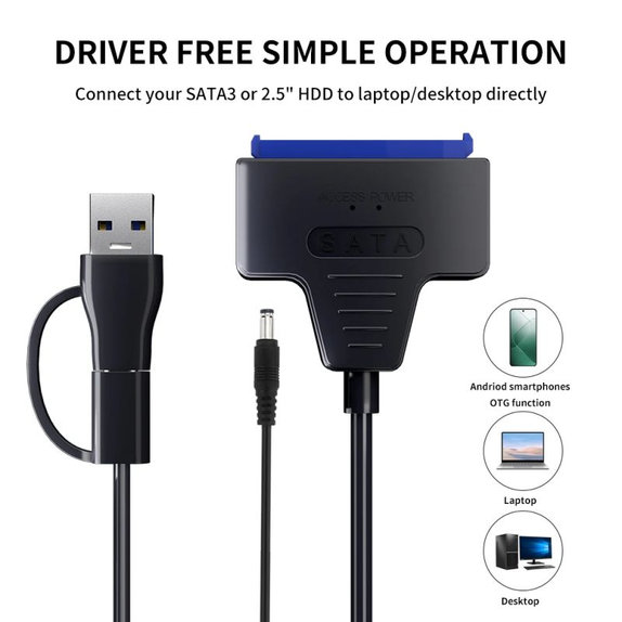 Adaptor USB 3.0 / USB-C la SATA pentru HDD/SSD de 2.5" și 3.5", cu sursă de alimentare