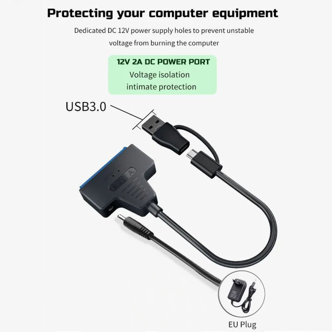 Adaptor USB 3.0 / USB-C la SATA pentru HDD/SSD de 2.5" și 3.5", cu sursă de alimentare