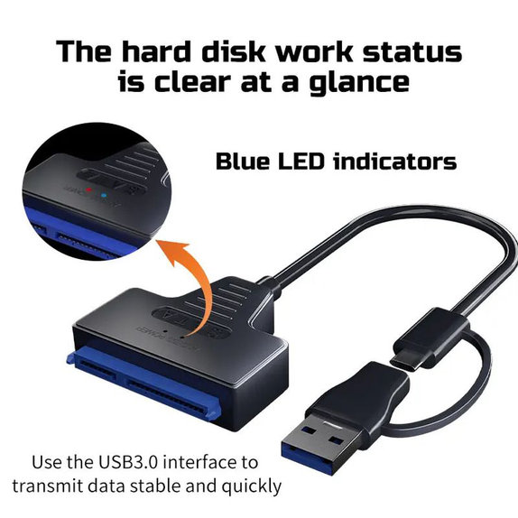 Adaptor USB 3.0 / USB-C la SATA pentru HDD/SSD de 2.5" și 3.5", cu sursă de alimentare