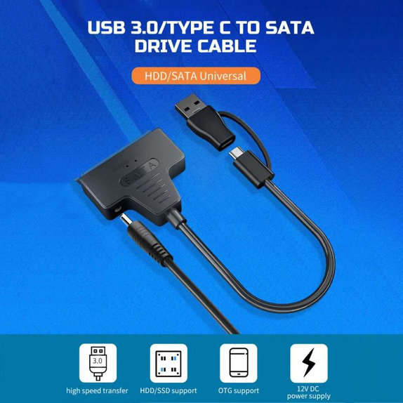 Adaptor USB 3.0 / USB-C la SATA pentru HDD/SSD de 2.5" și 3.5", cu sursă de alimentare