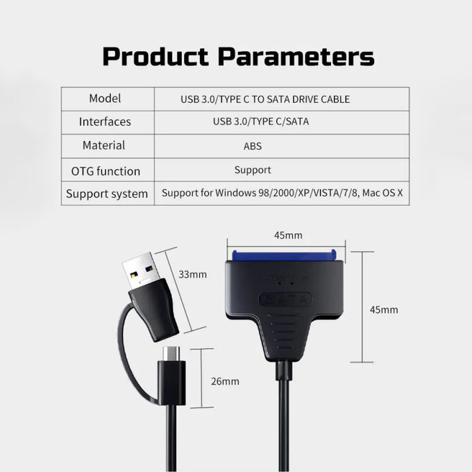 Adaptor USB 3.0 / USB-C la SATA pentru HDD/SSD de 2.5" și 3.5", cu sursă de alimentare