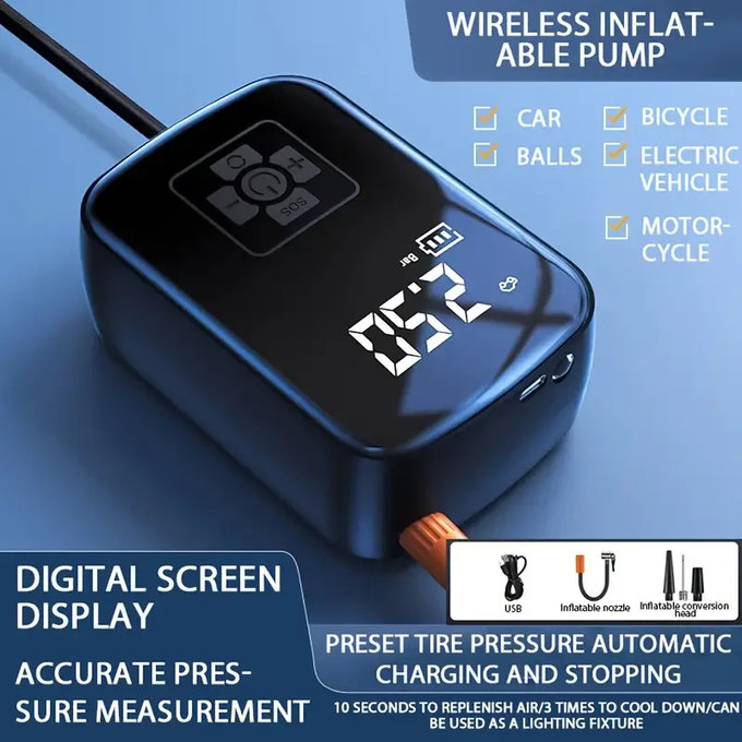 Compresor de aer fără fir cu afișaj digital, 150 PSI, negru