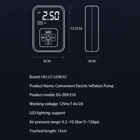 Compresor de aer fără fir cu afișaj digital, 150 PSI, negru
