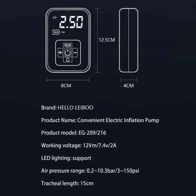 Compresor de aer fără fir cu afișaj digital, 150 PSI, negru