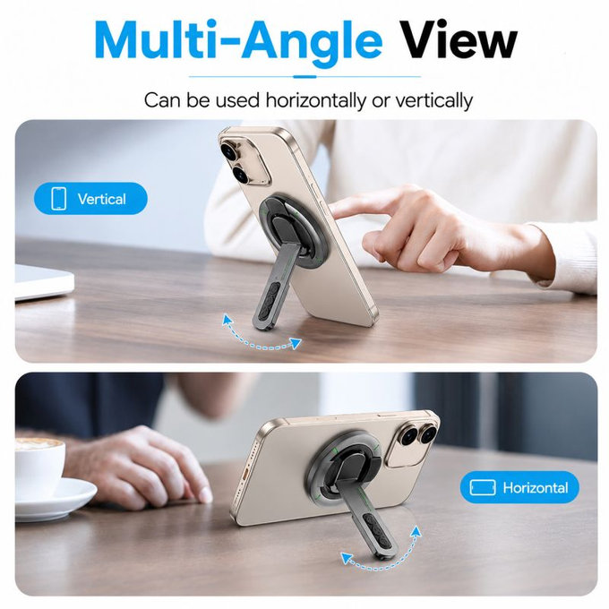 Suport magnetic pentru telefon cu stand, compatibil cu MagSafe, negru