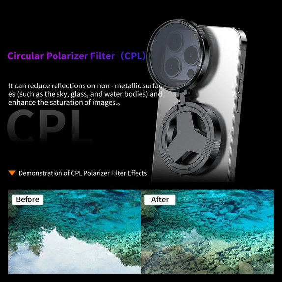 Filtru polarizator CPL de 52mm cu suport magnetic pentru smartphone